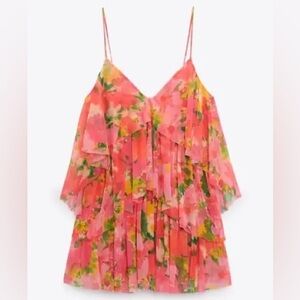 NWT Zara Pink and Green Floral Layered Dress